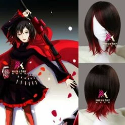 Cosplay&Ware [18]Rwby Ruby Rose Wig Short Red Straight Hair Heat Resistant Synthetic Cosplay Anime Rosefwig Cap