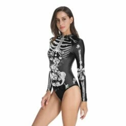 Cosplay&Ware [7]Women One Pieces Swimsuit Halloween Cosplay Costume 3d Printed Skeleton Rose Swimwear Zippered Jumpsuits